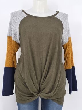 Emerald Olive Colorblock Twist Front Tunic Top 2X Plus Soft Stretch Fall